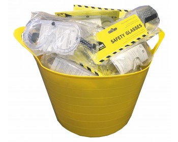 Bucket of Clear Safety Glasses And Elasticated Safety Goggles